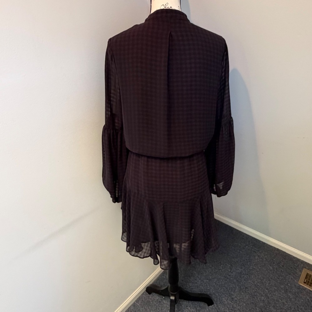 Olivaceous Gingham Button Front Dress Dark Purple Black Bishop Sleeve Medium - Picture 5 of 9